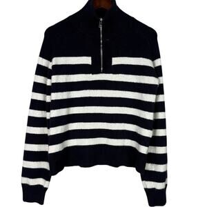 Zara Striped High Neck Quarter Zip Long Sleeve Ribbed Hem Sweater M Black White